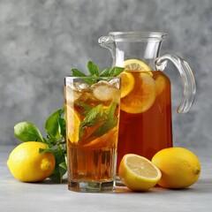 Refreshing Lemonade: A vibrant glass of iced lemonade with fresh mint and lemon slices. Next to it, a pitcher filled with the same refreshing drink, evokes a sense of refreshment and thirst quenching.