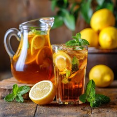 Refreshing Lemonade Delight: A close-up captures a refreshing scene with a glass and a pitcher filled with cold, homemade lemonade. Garnished with vibrant lemon slices and fragrant mint.