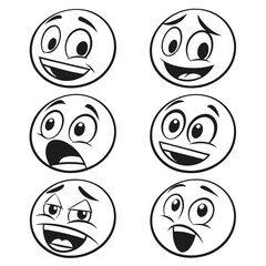 Diverse cartoon faces showing various emotions with bold outlines expressions happy