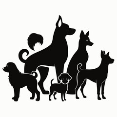Diverse dog breeds black silhouettes dogs white