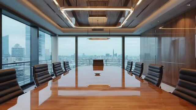 Modern conference room overlooking city skyline with empty chairs