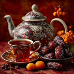 An Artistic Tea Ritual: A still life composition of tea set, dates, and apricots creates a visual story of warmth, inviting viewers to indulge in a moment of tranquility.