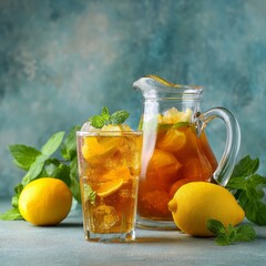 Refreshing Lemon Iced Tea: A glass and pitcher of Lemon Iced Tea with mint and sliced lemon against a textured backdrop, perfect for a hot day.