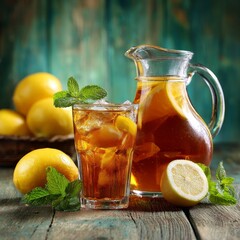 Zesty Iced Tea Delight: A refreshing ensemble of iced tea, vibrant lemons, and fragrant mint leaves offers a glimpse of pure refreshment on a rustic wooden table.