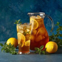 Refreshing Lemon Tea Delight: a refreshing glass of iced lemon tea, adorned with mint sprigs and lemon slices, alongside a pitcher, all against a artistic blue backdrop.