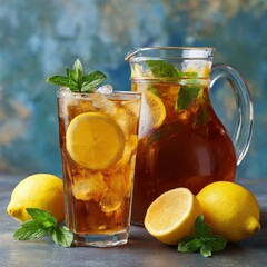  Refreshing Iced Tea Delight: A radiant composition featuring a tall glass and pitcher brimming with invigorating iced tea, adorned with fresh lemon slices and vibrant mint leaves.