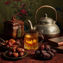 Still Life: Indulge in the harmonious blend of an old teapot, alongside date, tea and the tranquil elegance of a vintage aesthetic.