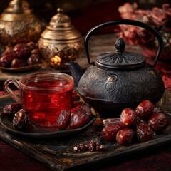 Dates and Tea Arrangement: A still life scene features dates, a cup of tea, and a black teapot on a rustic tray, all bathed in warm, inviting light and arranged on a tabletop