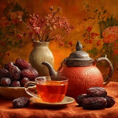 Warmth and Comfort: A rustic still life featuring a teapot, teacup, and dates, set against a rich, textured background.  The warm tones and soft lighting create a feeling of serenity and contentment.