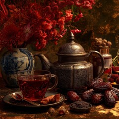 Tea Time Harmony: A still life scene featuring an ornate teapot, a delicate cup of tea, and a vase of vibrant flowers, creating a serene ambiance of refreshment and relaxation.
