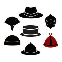 Diverse headwear collection black and red silhouettes hats fedora