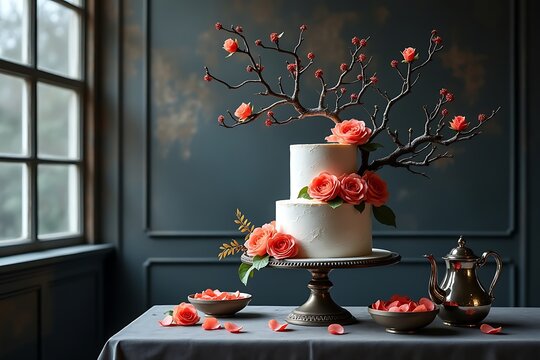 White two tier cake adorned with coral roses and branches wedding dessert