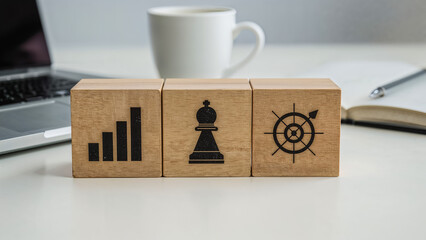 Visualizing business strategy with blocks representing growth chess game and targeting in a on transparent background