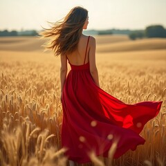 Woman in flowing red dress in golden wheat field at sunset image