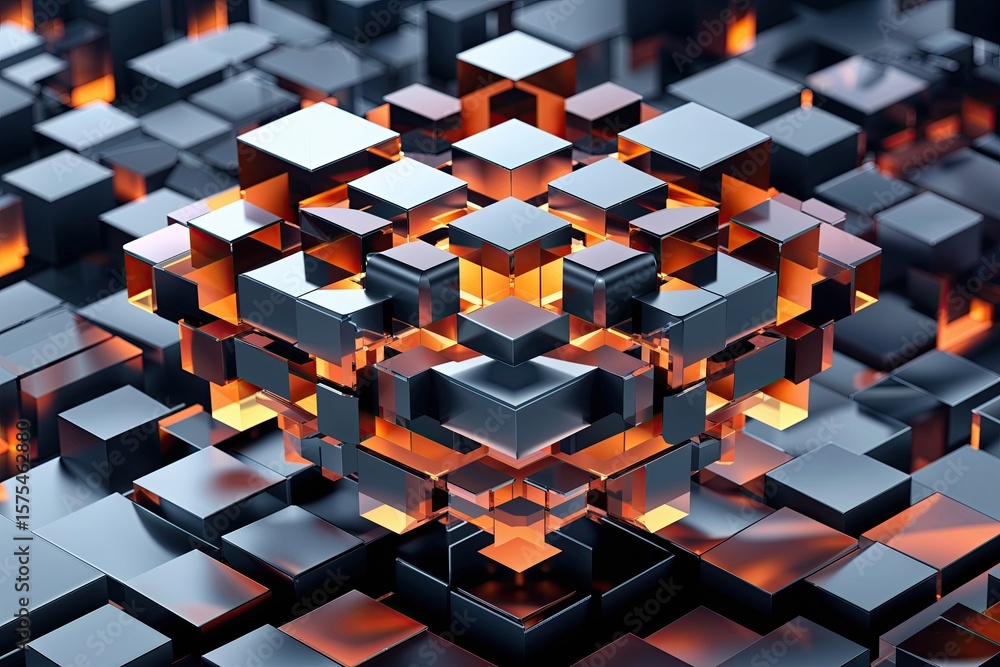 Poster dynamic 3d geometric cube formation visualization with burst design effects