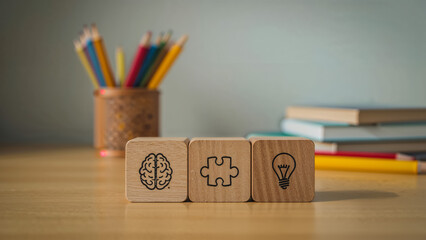 Crafting innovative solutions Wooden blocks showcase brain puzzle lightbulb Ideas and problem on transparent background