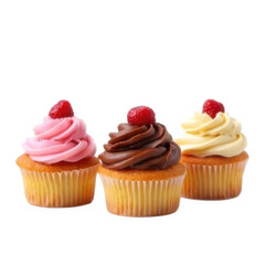 -Dessert image is transparent png. Three Cupcakes with Colorful Frosting and Toppings on Transparent Background
