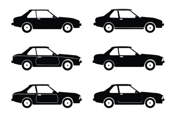 Silhouette Car Collection: A sleek and stylish collection of six black car silhouettes, ideal for design projects, embodying simplicity and the essence of automotive elegance.