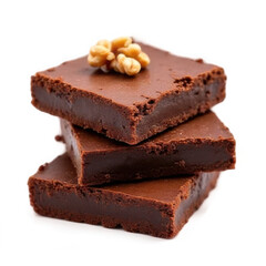 -Dessert image is transparent png. Stack of Three Chocolate Brownies Topped with Walnut Isolated on Transparent Background