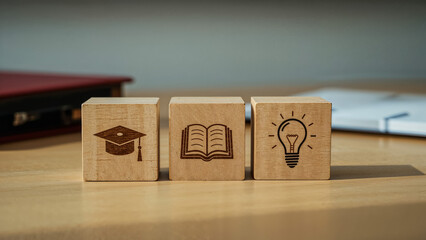 Embark on a journey of knowledge and inspiration with three wooden blocks symbolizing on transparent background
