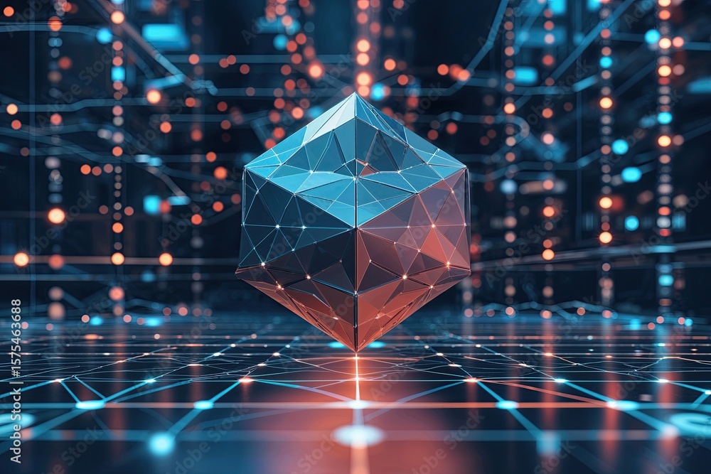 Poster innovative technology visuals showcasing polygonal matrix cube network and data analytics