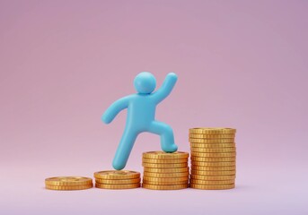 Blue figure climbing gold coin stacks, symbolizing financial growth and a journey to success.
