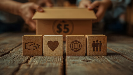 Giving back with symbolic wooden blocks of kindness global community and love placed carefully on transparent background