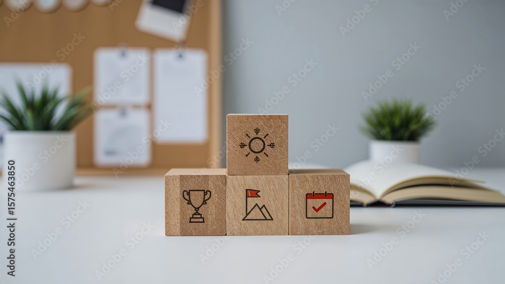Poster symbolic wooden blocks forming a path to achieve success representing planning goals and on transpar