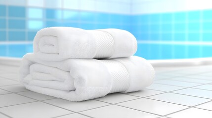 Rolled white towels on a tiled surface.