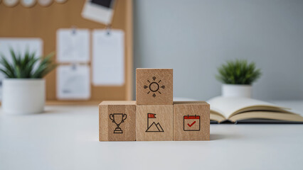 Symbolic wooden blocks forming a path to achieve success representing planning goals and on transparent background