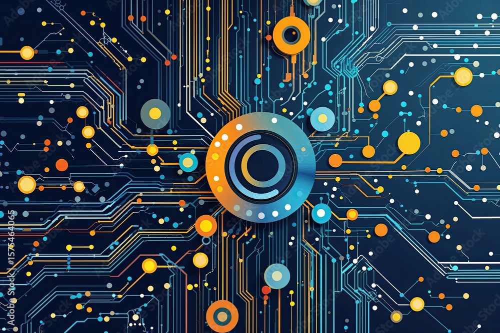 Poster advanced technology graphic design featuring abstract circuits interactive lines and dots for networ