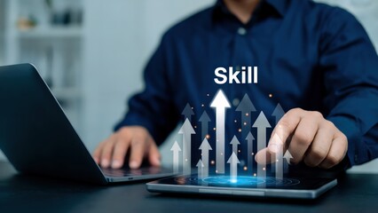 Improving skills concept with arrows pointing upwards on a person's tablet