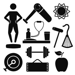 Fitness and health icons including dumbbell yoga mat stethoscope and apple exercise