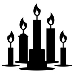 Five black candle silhouettes with flickering flames light fire