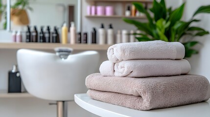 Stack of folded towels in a hair salon.