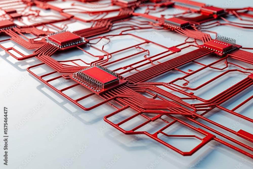 Aufkleber transforming conceptual red circuit network design on a clean white background
