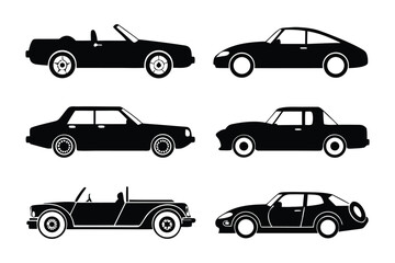 Classic Car Silhouettes: This image showcases a set of classic car silhouettes. Designed with attention to detail. A stylish choice for design and transport themes.