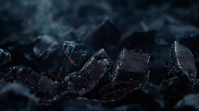 Burning charcoal embers glowing with intense heat and smoke