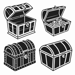 Four black and white treasure chests open and closed vector