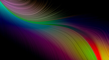 Gradient colorful curve pattern background holographic green red purple blue dark. Abstract illustration for creative design, product backdrop, presentation backdrop, website header element, album