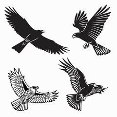 Four black falcon silhouettes in flight hawk bird