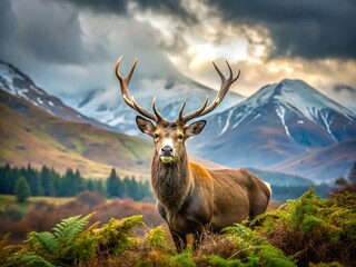 Fototapeta premium A majestic stag stands proudly against a backdrop of snowy mountains