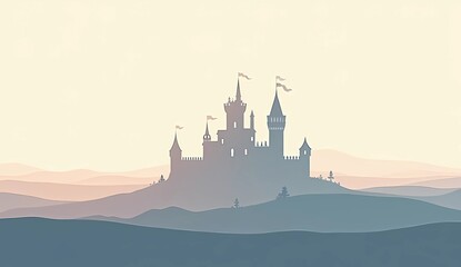 Minimalist background vector illustration with a castle on a hill in flat colors. International Castle Day. AI generated.