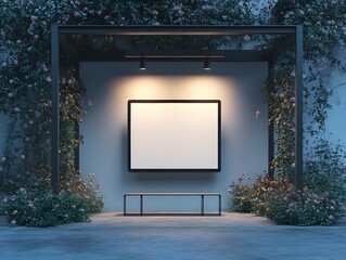Empty display frame in a garden pergola at twilight.