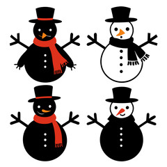 Four snowmen black white red scarves hats snowman winter
