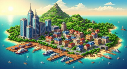 Colorful Coastal Cityscape with Modern Buildings and Mountain in Bright Sunlight