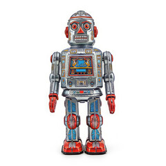Fototapeta premium Vintage metal toy robot standing upright, featuring red, blue, and silver colors on a white background.