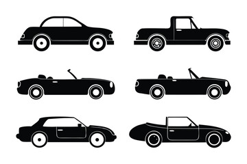 Fototapeta premium Variety of Vehicles: a set of sleek, black illustrations of diverse vehicles, each embodying distinct design aesthetics, from classic coupes to stylish convertibles and versatile pickup trucks.