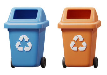 Two Recycle Bins Blue and Orange Colors Isolated on Transparent Background 3D Illustration