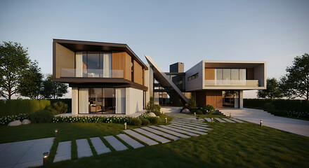 A striking modern luxury house featuring bold contemporary architecture, large windows, and a well landscaped exterior. Ideal for real estate, design, or lifestyle content.